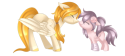 Size: 3995x1784 | Tagged: safe, artist:scarlet-spectrum, oc, oc only, oc:mango, oc:rosie, pegasus, pony, :t, boop, commission, cute, duo, eyes closed, female, filly, floppy ears, flower, flower in hair, freckles, mare, noseboop, nuzzling, ponytail, simple background, smiling, transparent background