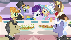 Size: 1920x1080 | Tagged: safe, screencap, chocolate sun, earl grey, ponet, primrose, pristine, rarity, swan song, pony, unicorn, g4, sweet and elite, clothes, female, food, hat, hors d'oeuvre, male, mare, rarity looking at food, stallion, table, top hat, waiter