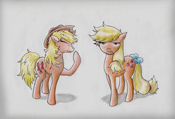 Size: 1024x702 | Tagged: safe, artist:ravenarkk, applejack, applejack (g1), g1, g4, accessory swap, frown, generational ponidox, laughing, simple background, tail bow, traditional art