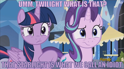 Size: 916x512 | Tagged: safe, edit, edited screencap, screencap, starlight glimmer, twilight sparkle, alicorn, pony, g4, the times they are a changeling, caption, image macro, looking at each other, meme, twilight sparkle (alicorn)