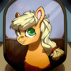 Size: 3000x3000 | Tagged: safe, artist:striar, applejack, g4, bust, female, high res, portrait, solo