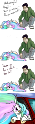 Size: 1280x4416 | Tagged: safe, artist:greyscaleart, princess celestia, oc, oc:human grey, alicorn, human, pony, g4, ..., atg 2016, behaving like a dog, bored, car, clothes, comic, cute, cutelestia, dialogue, eye contact, female, horseshoes, looking at each other, mare, missing accessory, newbie artist training grounds, pants, pony pet, prone, sad, shoes, smiling, sneakers, sweater, sweatpants, weapons-grade cute, windswept mane