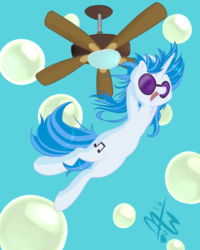 Size: 600x750 | Tagged: safe, artist:malwinters, dj pon-3, vinyl scratch, g4, ceiling fan, female, hanging, newbie artist training grounds, open mouth, smiling, solo, swinging, this will end in pain