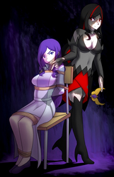 Size: 1288x2000 | Tagged: safe, artist:jonfawkes, rarity, oc, oc:diamonrare, human, series:spike meets the clones, g4, angry, arm behind back, bondage, boots, breasts, chair, cleavage, clothes, commission, dress, duo, element of generosity, female, flats, glare, gritted teeth, hands behind back, high heels, humanized, red eyes, ropes, sitting, smirk, thigh boots, tied to chair, tied up