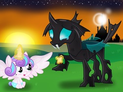 Size: 2732x2048 | Tagged: safe, artist:skyfallerart, princess flurry heart, thorax, alicorn, changeling, pony, g4, the times they are a changeling, baby, baby pony, bandage, blood, diaper, duo, duo male and female, female, heartwarming, high res, levitation, magic, male, spread wings, telekinesis, wings