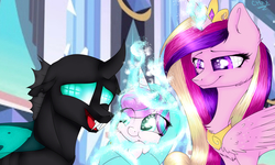 Size: 2000x1200 | Tagged: safe, artist:coolmoonxx, princess cadance, princess flurry heart, thorax, changeling, g4, the times they are a changeling, magic, scene interpretation, telekinesis