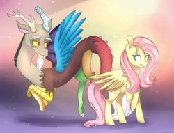 Size: 1023x783 | Tagged: safe, artist:slasharu, discord, fluttershy, g4, duo, flying, frown, looking at each other, raised hoof