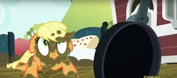Size: 1361x599 | Tagged: safe, screencap, applejack, earth pony, pony, 28 pranks later, g4, :<, cropped, floppy ears, frying pan, mud, mud mask, needs more jpeg