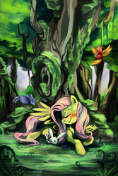 Size: 1024x1536 | Tagged: safe, artist:purplelemons, angel bunny, fluttershy, bird, g4, blushing, cute, eyes closed, forest, shyabetes, tree, under the tree