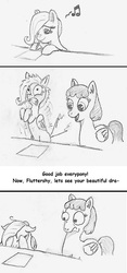 Size: 596x1271 | Tagged: safe, artist:t72b, derpibooru exclusive, fluttershy, atg 2016, background pony, drawing, embarrassed, filly, monochrome, newbie artist training grounds, shocked, text, traditional art