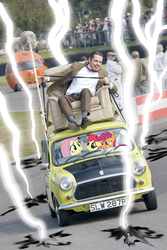 Size: 1184x1777 | Tagged: safe, artist:trotsworth, apple bloom, fluttershy, scootaloo, g4, classic mini, crossover, goodwood, irl, lightning, mini cooper, mr bean, photo, rowan atkinson