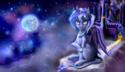 Size: 1600x920 | Tagged: safe, artist:gremlinkun, oc, oc only, oc:night hawk, alicorn, bat pony, pony, alicorn oc, castle, mare in the moon, moon, night, solo