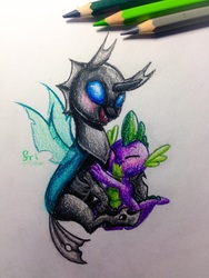 Size: 735x980 | Tagged: safe, artist:theorderofalisikus, spike, thorax, changeling, dragon, g4, the times they are a changeling, hug, pencil, traditional art