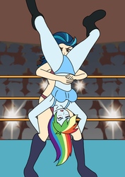 Size: 850x1200 | Tagged: safe, artist:linedraweer, indigo zap, rainbow dash, equestria girls, g4, armpits, audience, commission, fight, piledriver, upside down, wrestling, wrestling ring