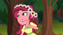 Size: 842x473 | Tagged: safe, screencap, gloriosa daisy, equestria girls, g4, my little pony equestria girls: legend of everfree, female, geode of fauna, geode of shielding, geode of sugar bombs, geode of super speed, geode of super strength, magical geodes, solo, tongue bite