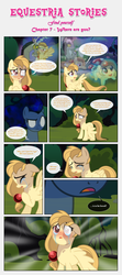 Size: 1919x4309 | Tagged: safe, artist:estories, discord, oc, oc:alice goldenfeather, oc:penumbra, draconequus, pegasus, pony, unicorn, comic:find yourself, g4, astral projection, blushing, comic, crying, duo, female, flashback, floppy ears, glowing, glowing eyes, male, mushroom, ponified, pony discord, sad, species swap