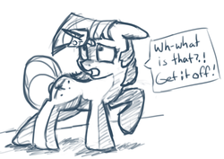 Size: 1233x873 | Tagged: safe, artist:post-it, twilight sparkle, pony, unicorn, g4, confused, cross-eyed, cute, female, floppy ears, frown, horn, horn impalement, monochrome, open mouth, qt, raised hoof, scared, sketch, solo, sticky note, twiabetes, unicorn twilight, wide eyes