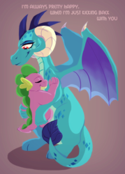 Size: 690x962 | Tagged: safe, artist:hellnosorrynotsorry, princess ember, spike, dragon, g4, cute, eyes closed, female, hug, lidded eyes, male, ship:emberspike, shipping, smiling, spread wings, straight