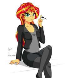 Size: 1000x1183 | Tagged: safe, artist:thebrokencog, artist:twilite-sparkleplz, sunset shimmer, equestria girls, g4, car keys, clothes, collaboration, crossed legs, cute, female, glasses, key, looking at you, pantyhose, simple background, sitting, skirt, solo, spinning, white background