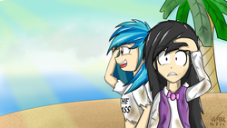 Size: 1600x900 | Tagged: safe, artist:linlaifeng, dj pon-3, octavia melody, vinyl scratch, human, a tropical octav3, g4, clothes, duo, female, humanized