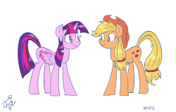 Size: 600x382 | Tagged: safe, artist:jowyb, applejack, twilight sparkle, alicorn, changeling, earth pony, pony, twijack weekly, g4, :t, animated, blinking, blushing, boop, cute, disguise, duo, eye contact, fake twilight, female, floppy ears, frown, gif, grin, heart, mare, shocked, simple background, sitting, smiling, sneezing, squee, transformation, twilight sparkle (alicorn), white background, wide eyes