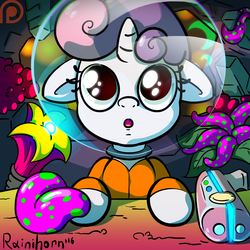 Size: 1600x1600 | Tagged: safe, artist:rainihorn, sweetie belle, g4, crossover, female, floppy ears, no man's sky, solo, spacesuit