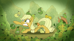 Size: 3840x2160 | Tagged: safe, artist:pirill, applejack, derpy hooves, pony, g4, accessory theft, applejack's hat, biting, biting pear of salamanca, cowboy hat, ear bite, easter egg, eyes closed, female, food, freckles, frown, gritted teeth, hat, high res, mare, mismatched eyes, newbie artist training grounds, nom, pear, pun, raised hoof, reaching, solo, tail bite, underhoof, visual pun, wide eyes