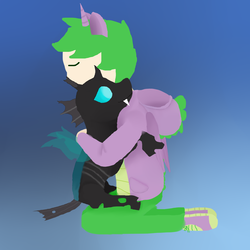Size: 1500x1500 | Tagged: safe, artist:ilebuy, spike, thorax, changeling, human, g4, the times they are a changeling, gay, hug, humanized, male, ship:thoraxspike, shipping