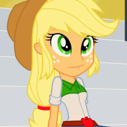 Size: 720x720 | Tagged: safe, screencap, applejack, equestria girls, g4, my little pony equestria girls: rainbow rocks, belt, button-up shirt, clothes, cowboy hat, cropped, female, hat, leaning back, shirt, sitting, smiling, solo, teenager