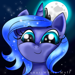 Size: 1000x1000 | Tagged: safe, artist:lunar-white-wolf, princess luna, alicorn, pony, g4, female, filly, looking at you, moon, smiling, solo, stars, woona