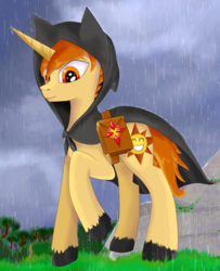 Size: 1006x1240 | Tagged: safe, artist:evescintilla, oc, oc only, oc:solar spark, pony, unicorn, cloak, clothes, hood, male, rain, saddle bag, stallion