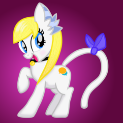 Size: 2000x2000 | Tagged: safe, artist:vitalspark, oc, oc only, oc:june, cat pony, original species, bell, bell collar, cat ears, cat tail, collar, cute, ear fluff, high res, nya, solo, tail bow