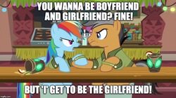 Size: 888x499 | Tagged: safe, edit, edited screencap, screencap, quibble pants, rainbow dash, g4, stranger than fan fiction, caption, drake & josh, female, image macro, male, meme, ship:quibbledash, shipping, straight