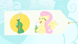 Size: 1280x720 | Tagged: safe, screencap, fluttershy, pegasus, pony, g4, green isn't your color, banner, carrot juice, cute, eyes closed, female, juice, mare, open mouth, shyabetes, smiling, spread wings, wings