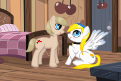 Size: 3000x2000 | Tagged: safe, artist:upsidedownpanda, artist:vitalspark, oc, oc only, oc:june, oc:vital sparkle, pony, bed, bell, bell collar, blue eyes, collar, female, high res, lesbian, mare, shipping, sitting, spread wings, standing