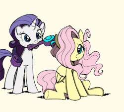 Size: 740x666 | Tagged: safe, artist:colorphiliac, artist:megasweet, artist:szafir87, edit, fluttershy, rarity, pegasus, pony, unicorn, g4, :<, animated, blinking, cute, duo, female, gif, hair dryer, hair over one eye, mare, mouth hold, raribetes, shyabetes, simple background, sitting, white background
