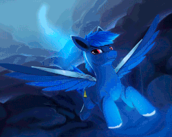Size: 680x540 | Tagged: safe, artist:rodrigues404, oc, oc only, oc:cobaltsky, pegasus, pony, animated, commission, flying, gif, lightning, looking at you, rain, solo, spread wings, storm, thunderstorm