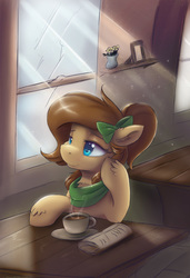 Size: 3900x5700 | Tagged: safe, artist:ardail, oc, oc only, oc:mocha latte, pony, absurd resolution, clothes, cottagecore, crepuscular rays, cup, cute, female, food, hot chocolate, mare, morning ponies, newspaper, plate, scarf, smiling, solo