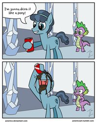 Size: 795x1006 | Tagged: safe, artist:jonerico, crystal hoof, spike, thorax, changeling, dragon, earth pony, pony, g4, the times they are a changeling, 2 panel comic, behaving like pinkie pie, comic, disguise, disguised changeling, drinking problem, frown, gravity falls, grin, hoof hold, male, nailed it, nose in the air, open mouth, parody, smiling, sock opera, soda, stallion, wat, wide eyes, you're doing it wrong
