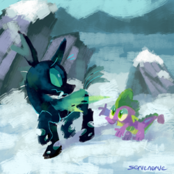 Size: 2000x2000 | Tagged: safe, artist:frozenspots, spike, thorax, changeling, dragon, g4, the times they are a changeling, fangs, high res, horn, male, rock, snow, startled, wings