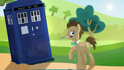 Size: 3478x1957 | Tagged: safe, artist:shutterflyeqd, doctor whooves, time turner, earth pony, pony, g4, doctor who, lidded eyes, looking at you, male, mouth hold, necktie, raised hoof, signature, sonic screwdriver, stallion, tardis, the doctor