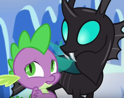 Size: 711x563 | Tagged: safe, screencap, spike, thorax, changeling, dragon, g4, the times they are a changeling, cropped