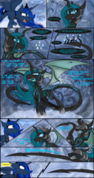 Size: 2560x4800 | Tagged: safe, artist:dangercloseart, nightmare moon, princess luna, queen chrysalis, alicorn, changeling, changeling queen, pony, comic:wings of fire, g4, comic, fangs, female, fusion, mare, nightmare chrysalis, nightmarified, slit pupils