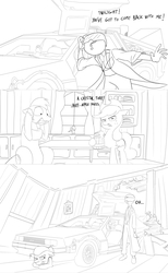 Size: 1500x2437 | Tagged: safe, artist:anontheanon, applejack, big macintosh, granny smith, oc, oc:anon, earth pony, human, pony, g4, back to the future, car, cider, clothes, comic, cowboy hat, delorean, designated driver, dialogue, dickbutt, hat, kitchen, lab coat, male, monochrome, necktie, panic, pants, picture, property damage, safety goggles, shoes, sneakers, stallion, stetson, tankard, unamused, watch