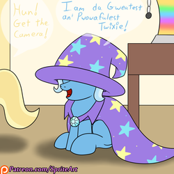 Size: 1000x1000 | Tagged: safe, artist:spritepony, idw, sunflower spectacle, trixie, pony, unicorn, g4, spoiler:comic, spoiler:comic40, cape, clothes, cute, diatrixes, female, filly, filly trixie, great and powerful, hat, mare, newbie artist training grounds, patreon, patreon logo, speech, speech bubble, the gweatest and pwowafulest twixie, trixie's cape, trixie's hat, weapons-grade cute, younger