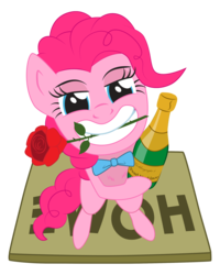 Size: 2000x2500 | Tagged: safe, artist:hotkinkajou, artist:lalieri, pinkie pie, g4, alcohol, bipedal, bowtie, champagne, doormat, female, flower, flower in mouth, grin, high res, mouth hold, rose, rose in mouth, simple background, smiling, solo, standing, transparent background, vector, wine