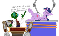 Size: 1280x801 | Tagged: safe, artist:anontheanon, twilight sparkle, oc, oc:anon, human, g4, bellyrubs, clothes, dialogue, eyes closed, glasses, lab coat, lip bite, machine, necktie, petting, pure unfiltered evil, science, underhoof, what has science done, you monster