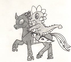 Size: 1487x1305 | Tagged: safe, artist:kuroneko, spike, thorax, changeling, g4, the times they are a changeling, dragons riding changelings, grayscale, monochrome, riding, spike riding thorax, traditional art
