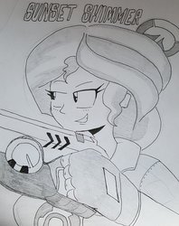 Size: 1024x1291 | Tagged: safe, artist:missmayaleanne, sunset shimmer, equestria girls, g4, clothes, crossover, female, gloves, gun, monochrome, overwatch, solo, tracer, traditional art, weapon