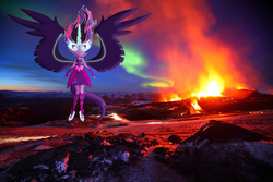 Size: 1960x1307 | Tagged: safe, artist:uponia, artist:xebck, sci-twi, twilight sparkle, equestria girls, g4, aurora borealis, clothes, equestria girls in real life, eruption, female, iceland, midnight sparkle, request, solo, volcano